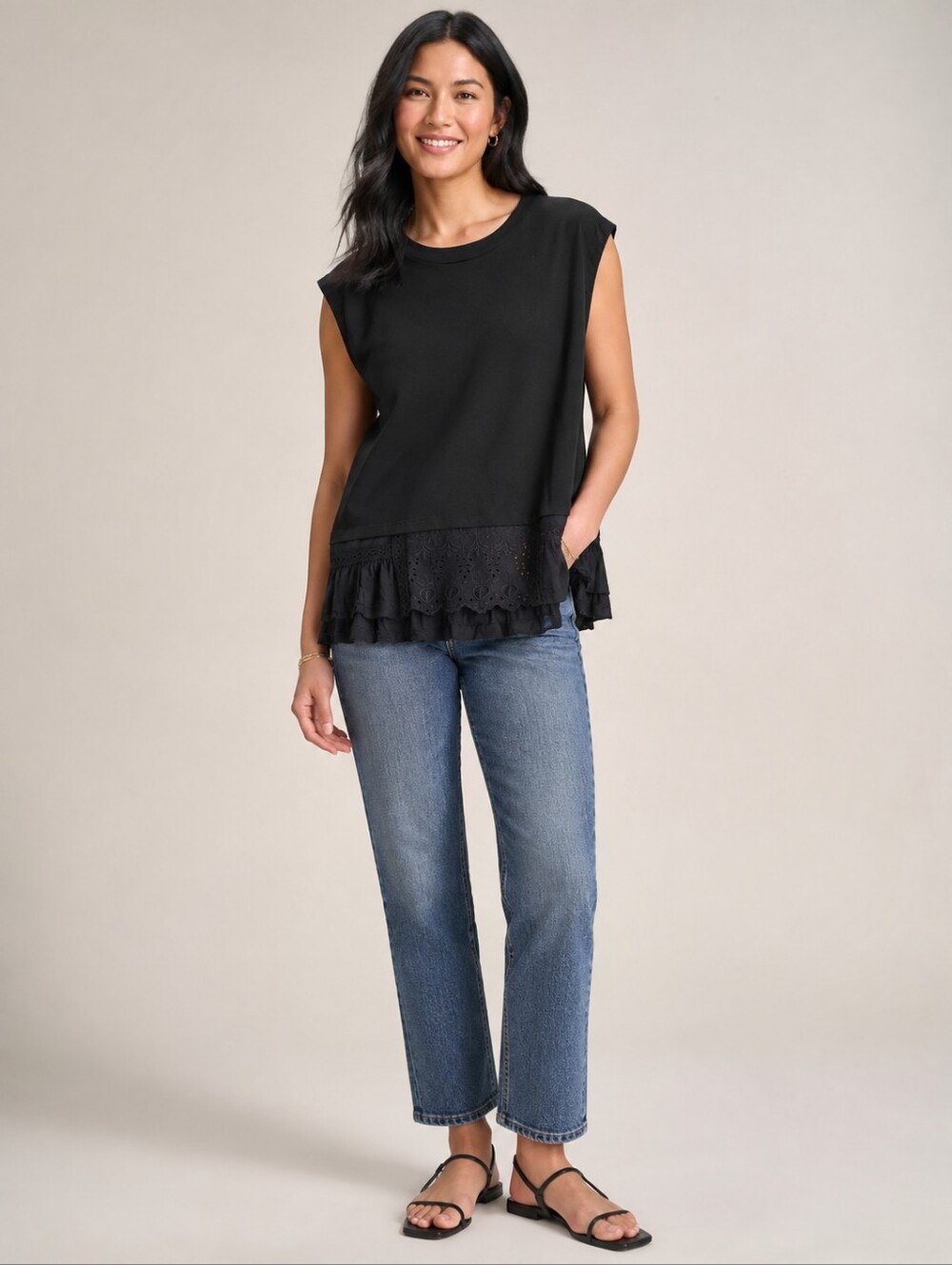 ❤️ ANTHROPOLOGIE TINY EMBROIDERED EYELET TRIM COTTON TEE / TOP, BLACK, XL